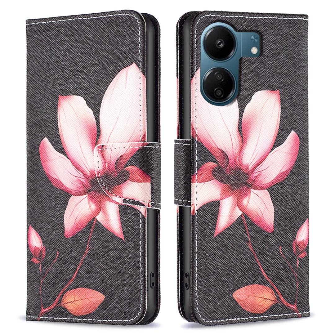 

For Xiaomi Redmi 13C 4G/13C 5G/13R 5G/Poco M6 5G/Poco C65 4G Case Pattern Printing Phone Wallet Stand Cover Lotus