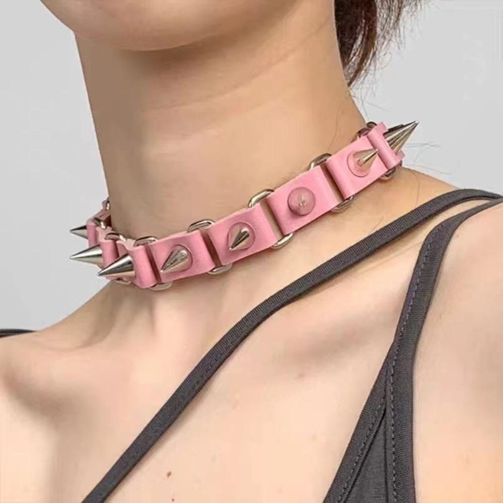 Gothic Harajuku Black Leather Silver Color Rivet Pointed Collar Necklace for Women Men Personality Punk Jewelry Accessories Gift