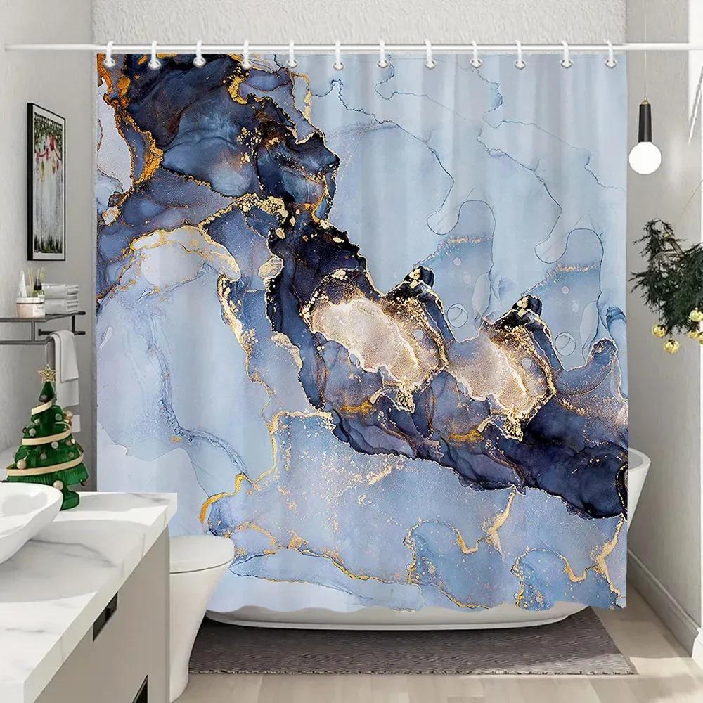 Blue Gold Textured Marble Shower Curtain Black White Natural Art Pattern Polyester Fabric Washable Shower Curtain Bathroom Dec