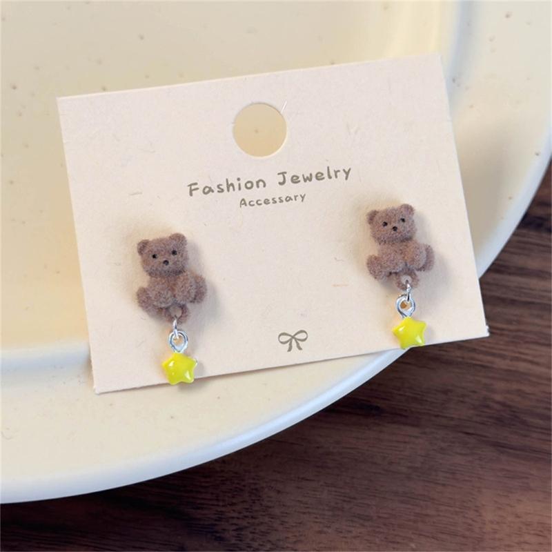 Autumn Winter Earrings Coffee Colored Flocking Bear Earrings Sweet Cartoon Style Ear Studs Suitable for Trendy Women
