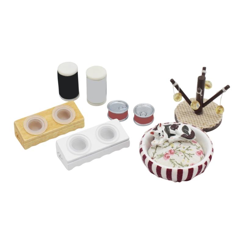 

Handcrafts Miniature Cats Bed Feeder Scene Display Accessories 1/12 Doll House Furniture for Adult Craft Model Project 1