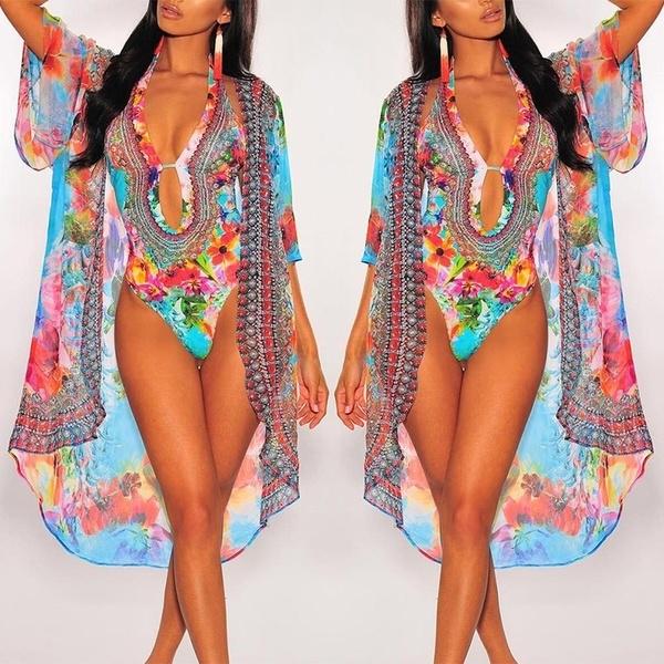 2 Pieces/Set Summer Women Beach Wear Sexy Floral Print Halter One Piece Swimsuit and Cover Up Sets
