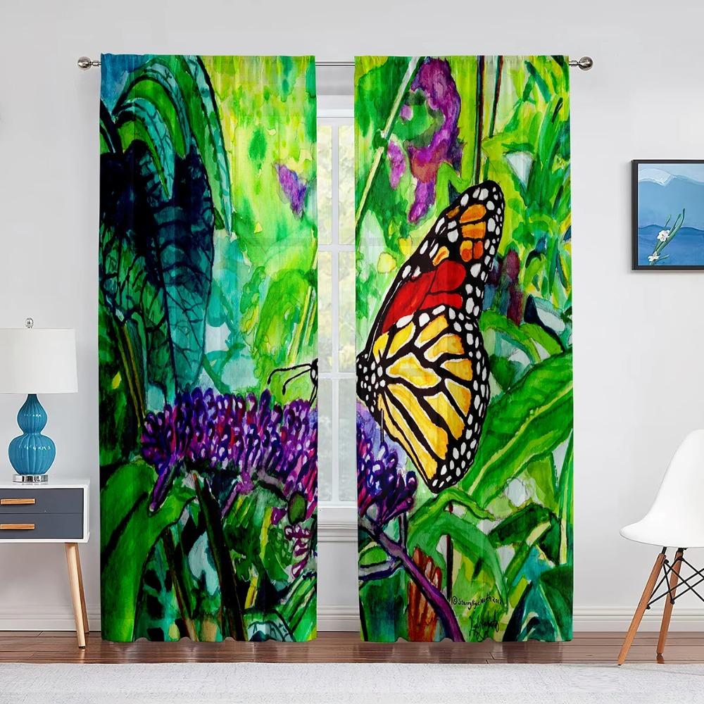 Spring Flower Colorful Floral Butterfly Translucent Curtain for Living Area Voile Window Blinds Bedchamber Tulle Drape Kitchen Area Window Drapes
