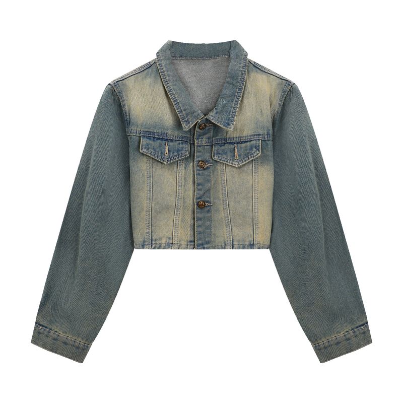 

Kumikumi Стильный Ретро Приталенный Длинный Рукав Деним Верхняя Одежда Женская Осень Короткая Верхняя Одежда