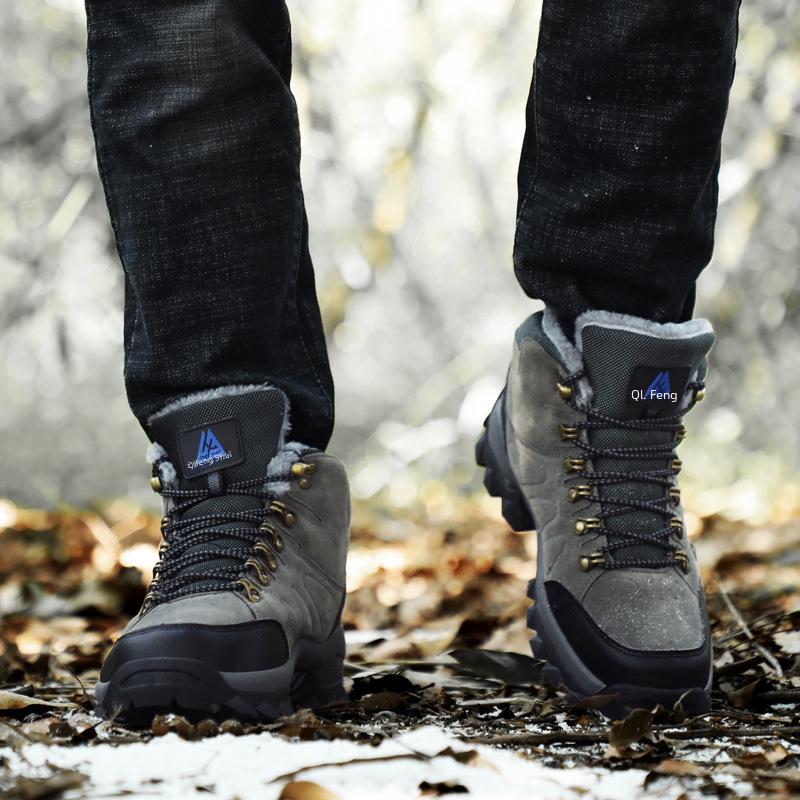 Cross-Border Plus Size Winter High-Top Hiking Shoes: Cotton-Padded, Warm, Fleece-Lined, Leather, Outdoor Casual Snow Boots for Couples.