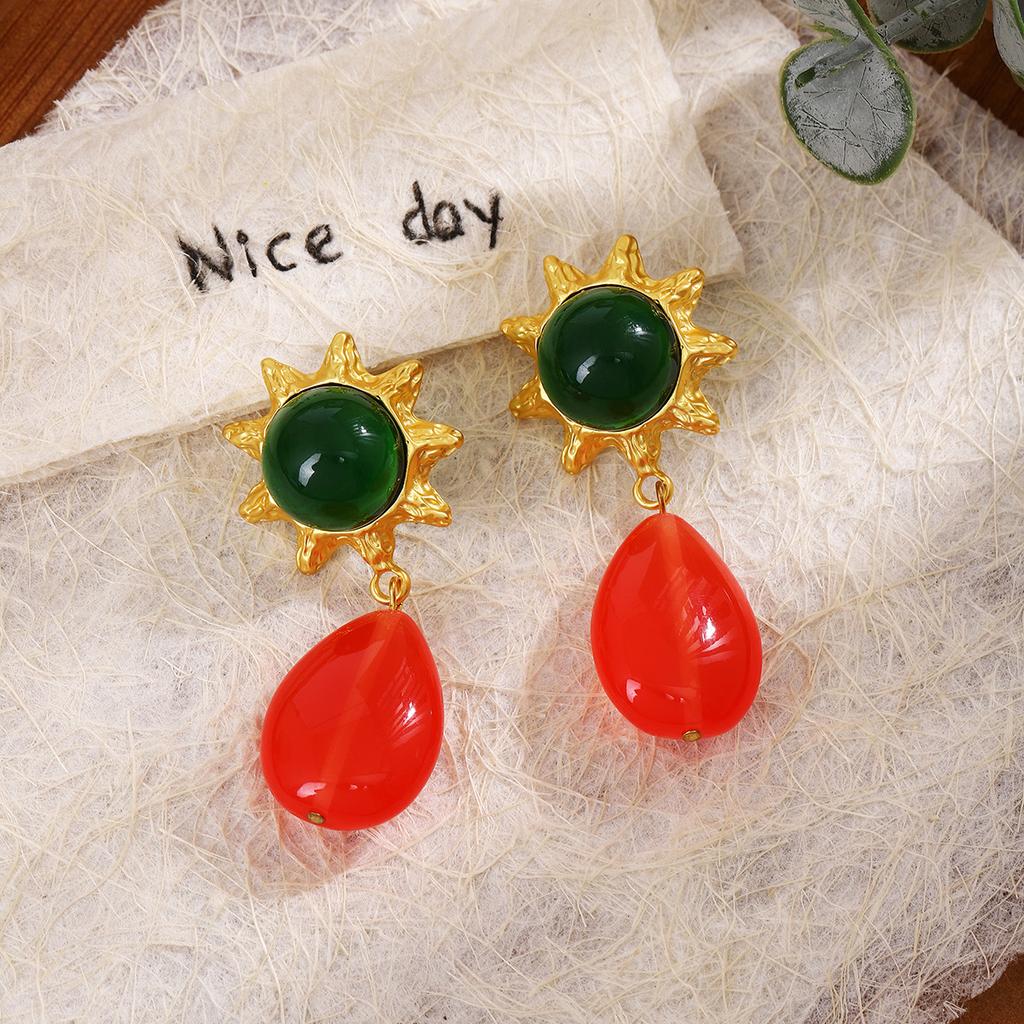 Design Sense Three-Color Sun Flower Stud Earrings, Retro Personality Geometric Water Drop High-End Sense Earrings For Women