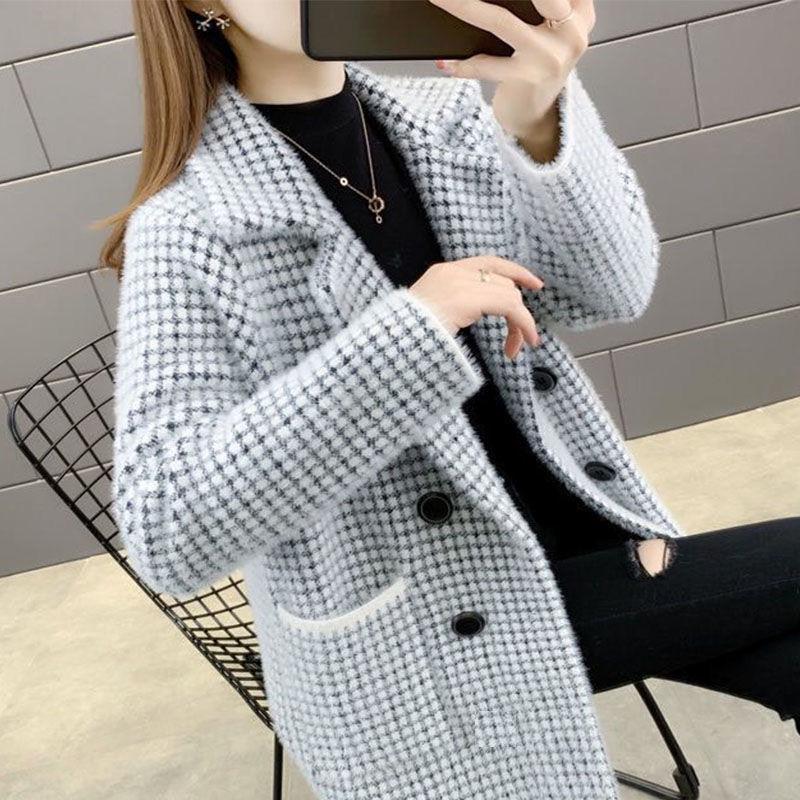 Women's Mid-Length Mink Coat Cardigan - Korean Style Loose Suit Collar Knitted Overcoat for Autumn and Spring