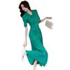 Pleated Fishtail Green Polo Dress: Women's Retro Summer Knit with Slit Design