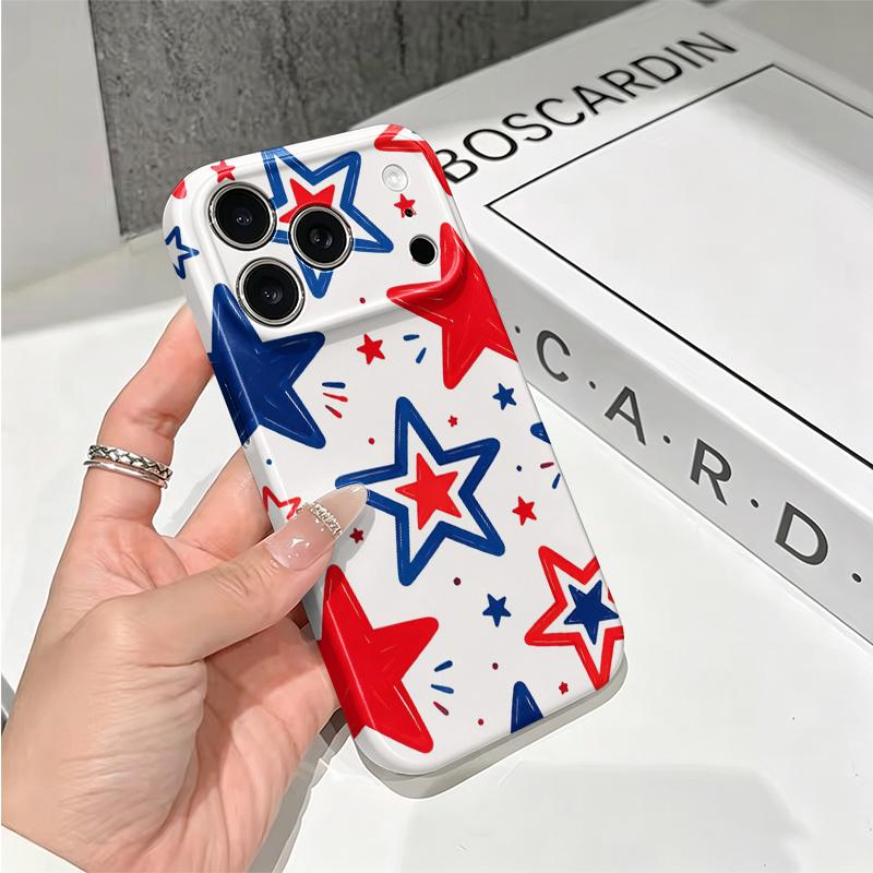 Playful Hand Drawn Red Blue Star Pattern Film Aesthetic Protective Shockproof Bumper Phone Case Cover For iPhone 14 15 16 17 Pro Max Plus