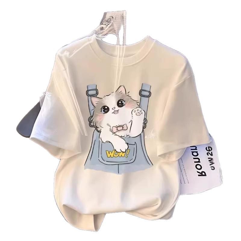 Cross-Border E-commerce Women's Cartoon Kitten Print Short-Sleeve T-Shirt, 2026 Summer, Plus Size, Loose Fit, Trendy Slimming Design.