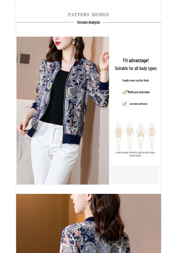 2025 Herbst Koreanischer Stil Blumendruck Schlankmachend Rundhals Reißverschluss Jacke
