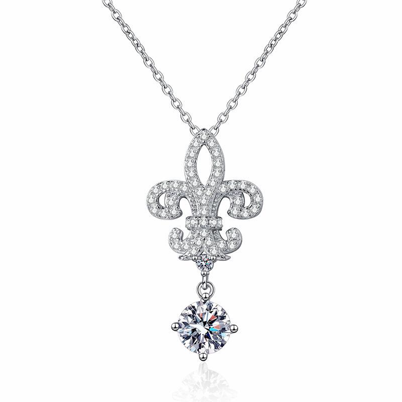 925 Sterling Silver Moissanite Necklace: 1 Carat D Color Queen Crown Iris Flower Pendant 925 Silver