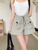 Summer 2024 Women's Gray High-Waisted Wide-Leg Casual Shorts with Double Pockets and Drawstring