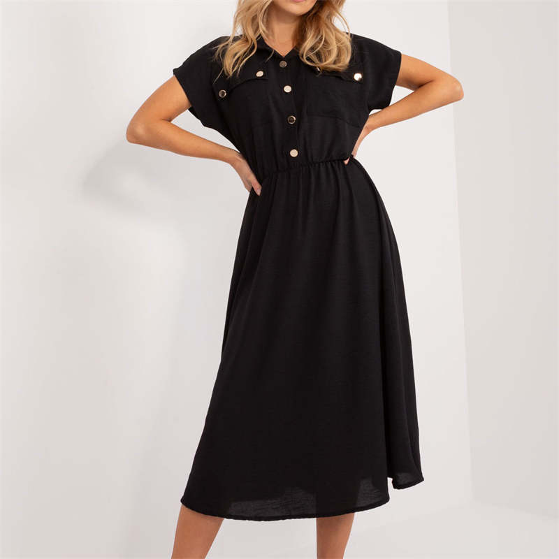 Knoflíky Ležérní Šaty Midisukně Dámské Oblečení Jednobarevné Krátký Rukáv