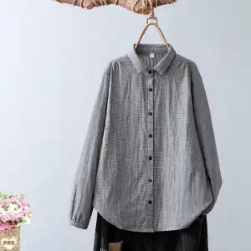 Women Autumn Winter Gray Checkered Cotton Linen Shirt Loose Long Sleeve