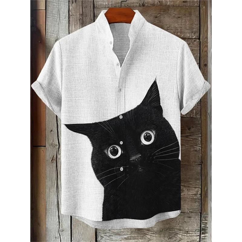 Men's short-sleeved shirt with a fun cat print, stand-up collar, single-breasted casual style. Hawaiian shirt, men's unique top.