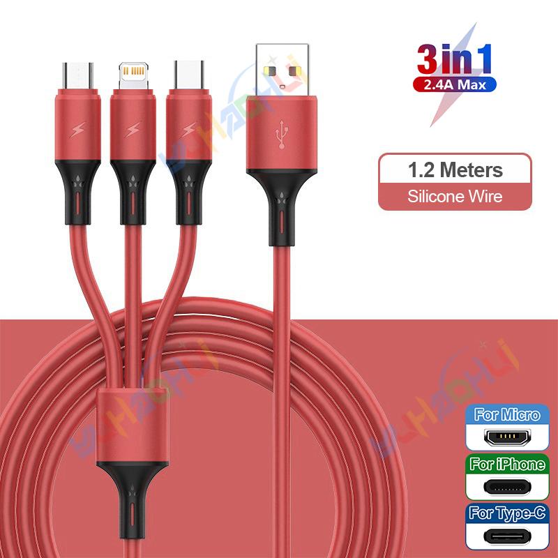 2.4A Max 3 w 1 kabel USB szybkie ładowanie kabel błyskawicy do iPhone'a typu C kabel do ładowania telefonu komórkowego do Xiaomi Samsung USB Micro