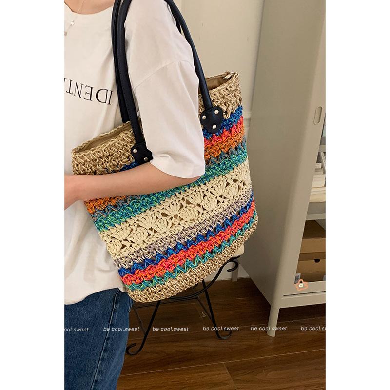 Summer contrasting color hand-woven bag women's 2025 new fashion ethnic style straw bag large-capacity tote bag