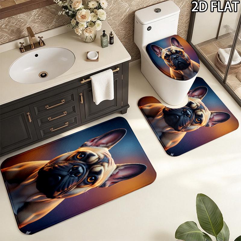 French Bulldog Pattern 3Pcs Bathroom Rug Set, Non Slip Absorbent Bath Mat, Contour Mat & Toilet Lid Cover, Bathroom Decor