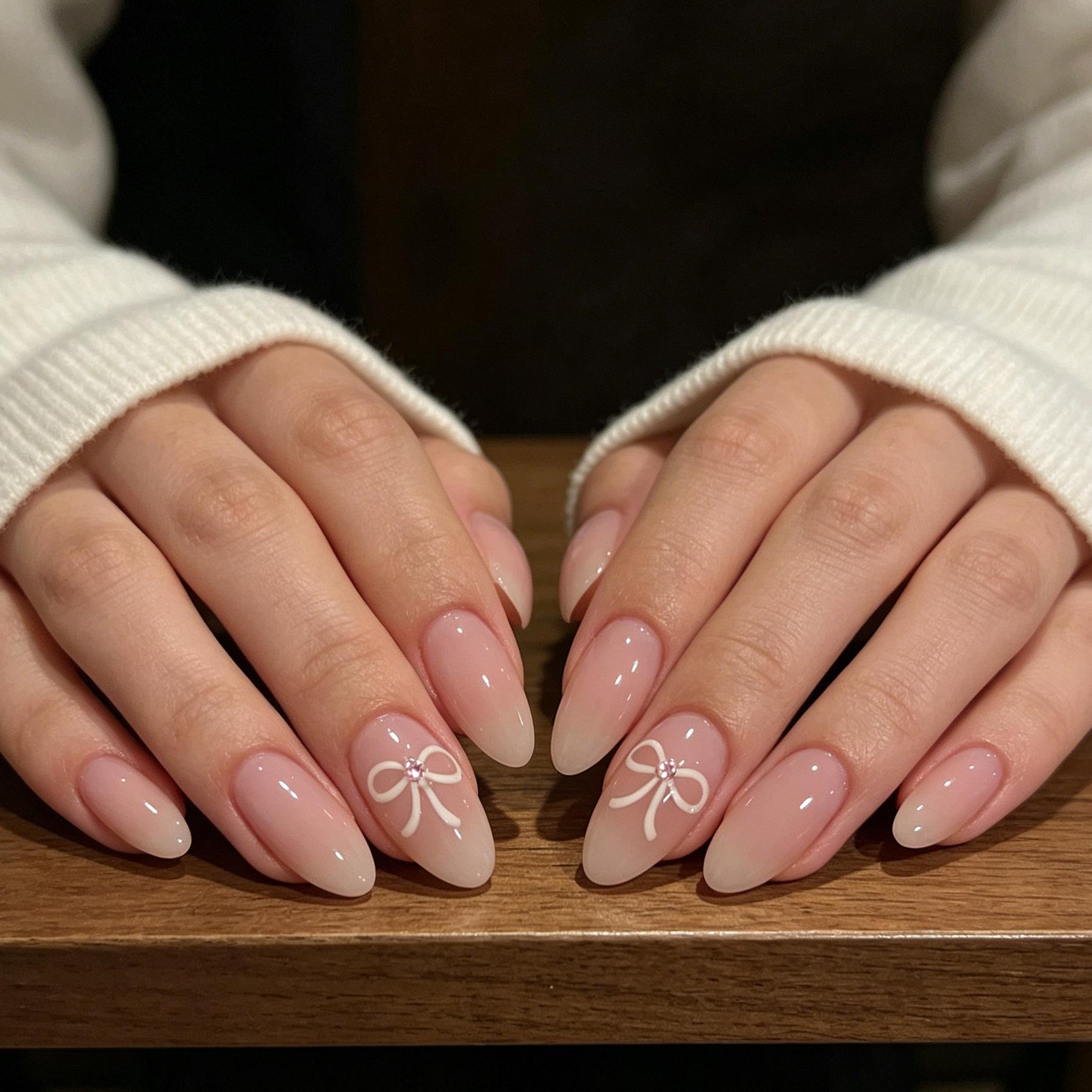 24 Pieces Of Manicure Ice Through Nude Gentle Bow Diamond Versatile Long Almond Wear Armor Jelly glue + rubbing strips*3pcs