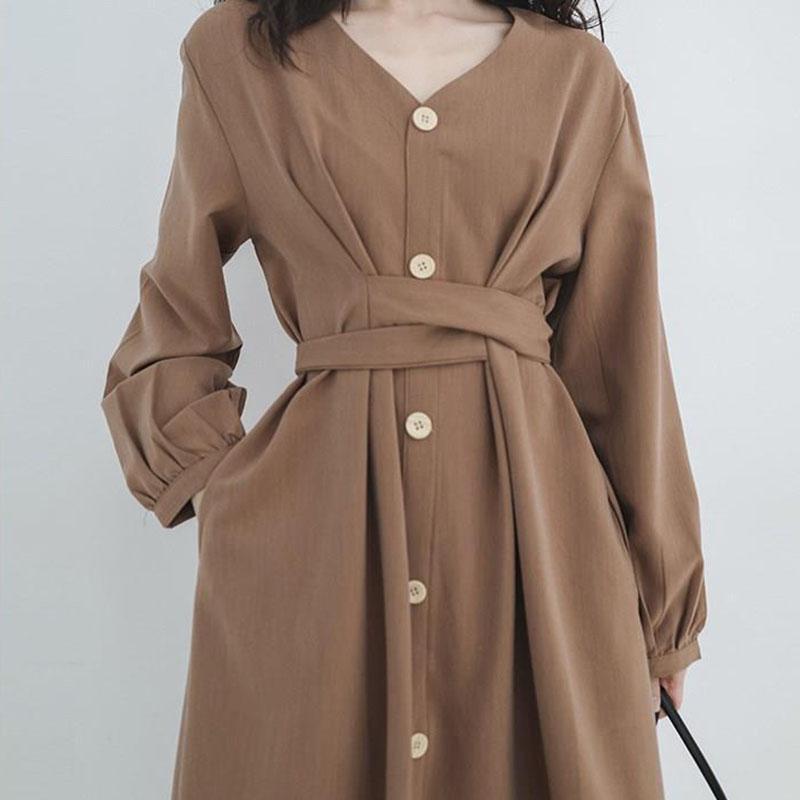 Japanese Vintage Style V-neck High Waist Lace Up Waist Dress