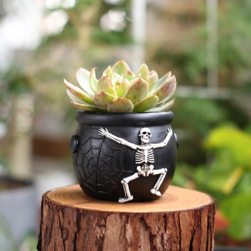 Spiderwebs Cauldron Plant Pot, Halloween Resins Skull Planter for Mini Succulents, Small Decorative Container for Desk Shelf and Windowsill Styling