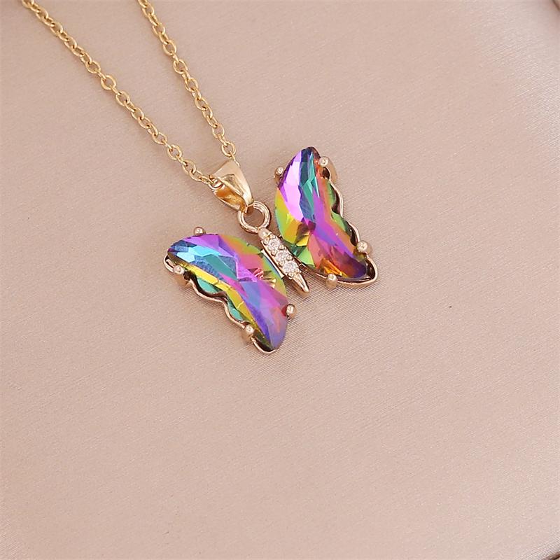 Exquisite Luxury Crystal Butterfly Charm Necklace Colorful Insect Charm Collar Chain Women's Fashion Jewelry Accessories Gift