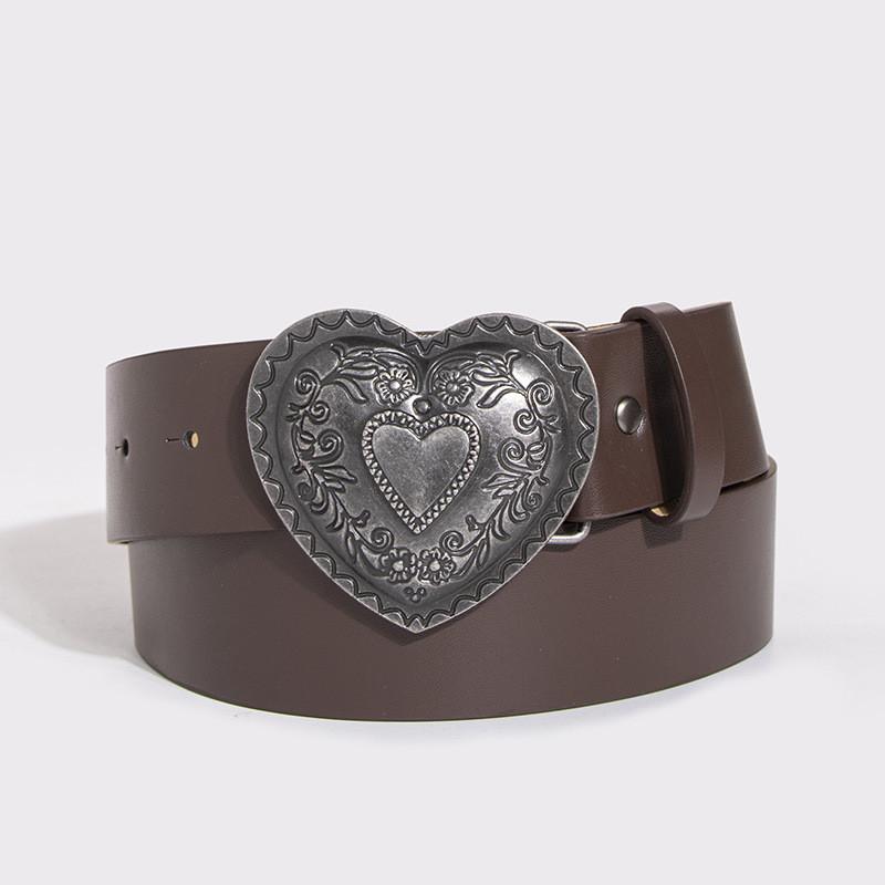 Retro Heart Pattern Leather Look Belt With Pin Buckle For Young Women Casual Fashion