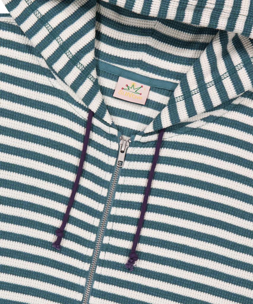Sunlovetour [Home Alone] Striped Waffle Zip Up Hoodie Blue