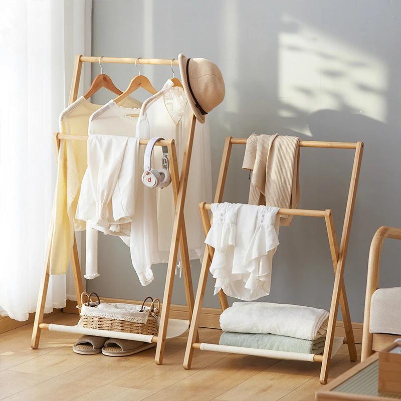 Bamboo Clothing Rack Double Hanging Rods Storage Shelf Small Dress up Wardrobe Organizer Open Closet for Costumes