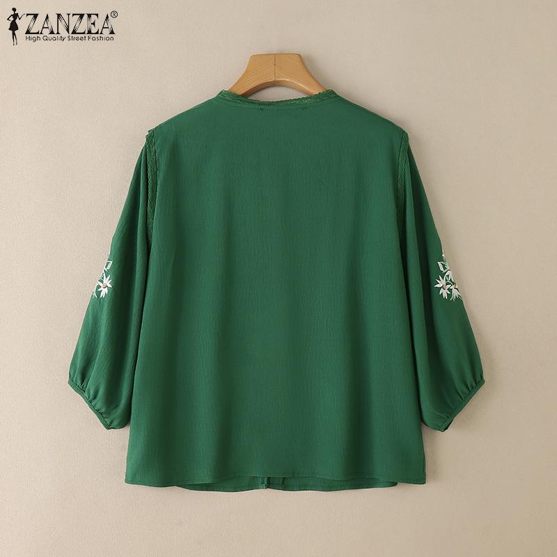 ZANZEA Lässige Bluse mit V-Ausschnitt und 3/4-Ärmeln für Damen