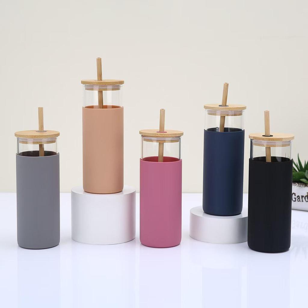 Portable High Borosilicate Glass Straw Cup with Bamboo Lid - Stylish & Durable.