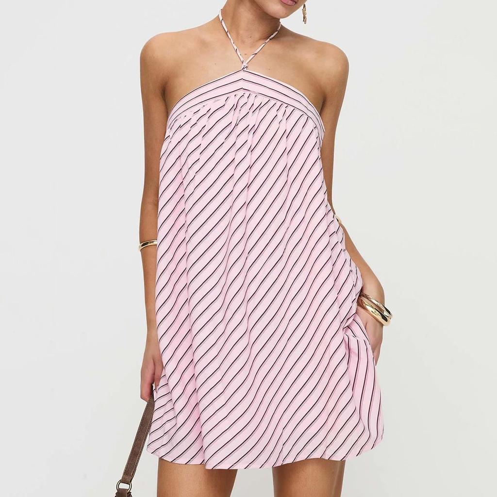 Women's Striped Halter Backless Dress - Spicy European and American Holiday Beachwear