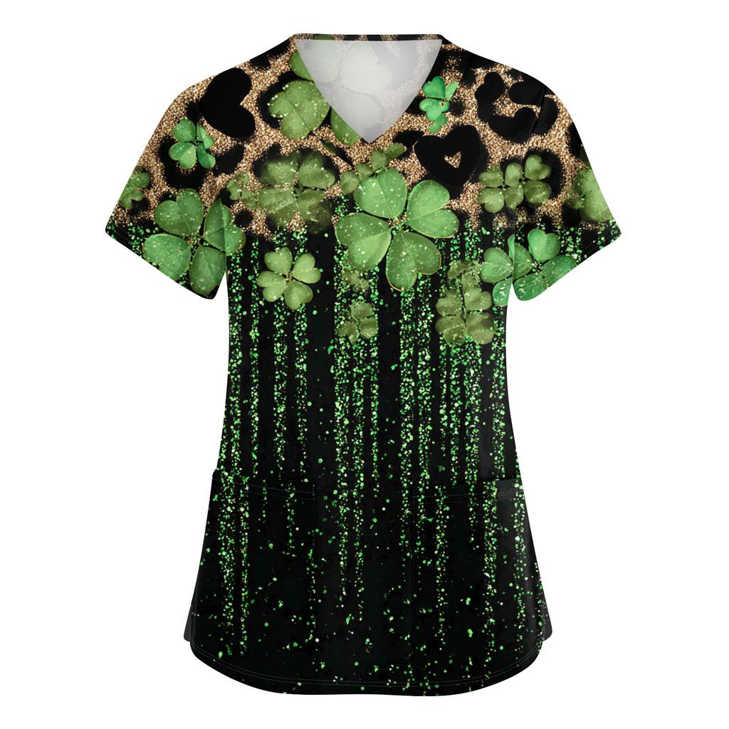 Women's Fashionable V-neck Workwear Printed Short Sleeved Pocket Side Slit Workwear Basic Pullover Top