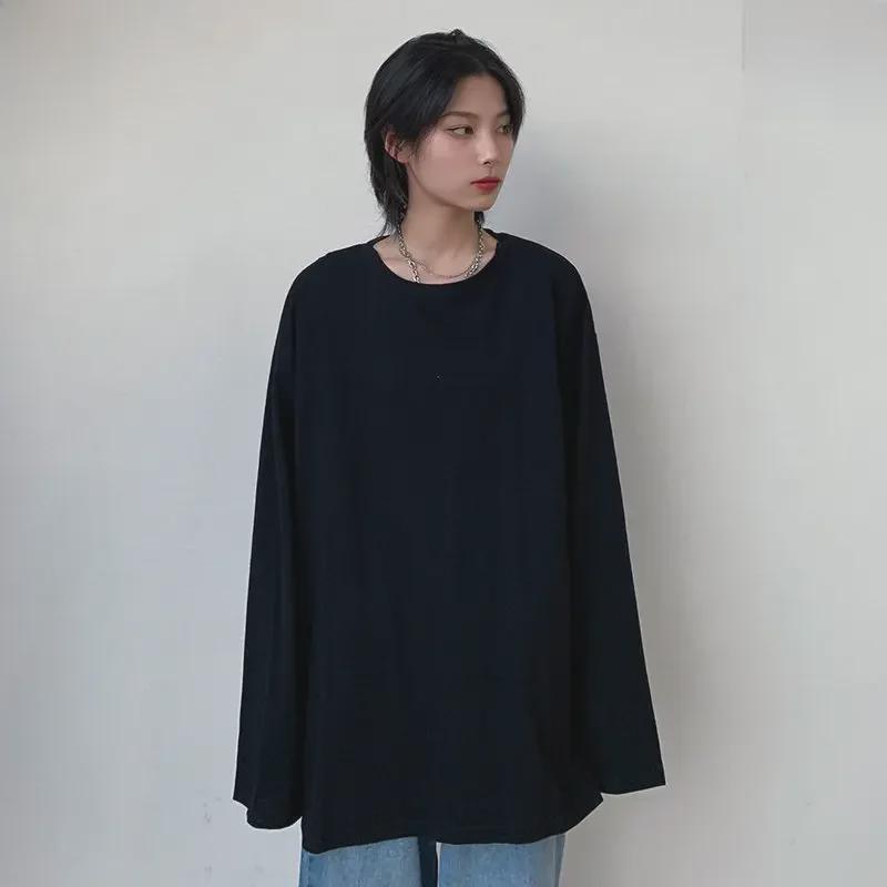 

Женская белая футболка с длинным рукавом: Loose Fit, Korean Style, Round Neck Solid Color, Ideal for Early Autumn and Spring. M чёрный