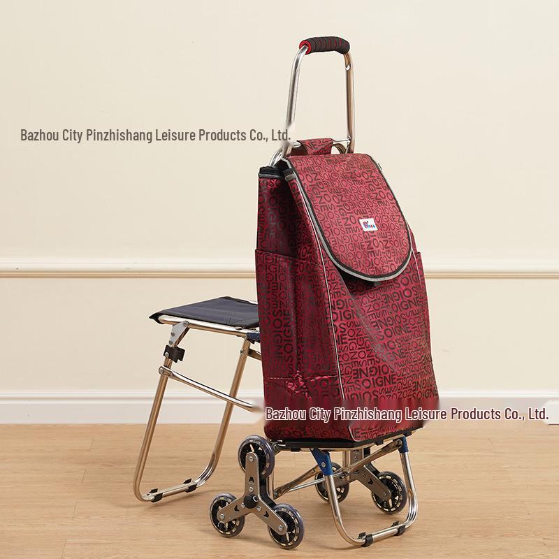 Compact Folding Stair-Climbing Trolley with Seat, Stainless Steel Rod, Outdoor Grocery Cart 25L