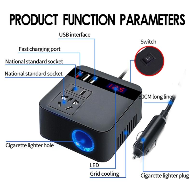 150W Car Power Inverter 12V/24VDC To 220VAC Converter with Three USB Charging Ports USB Car Outlet Adapter for Vehicle