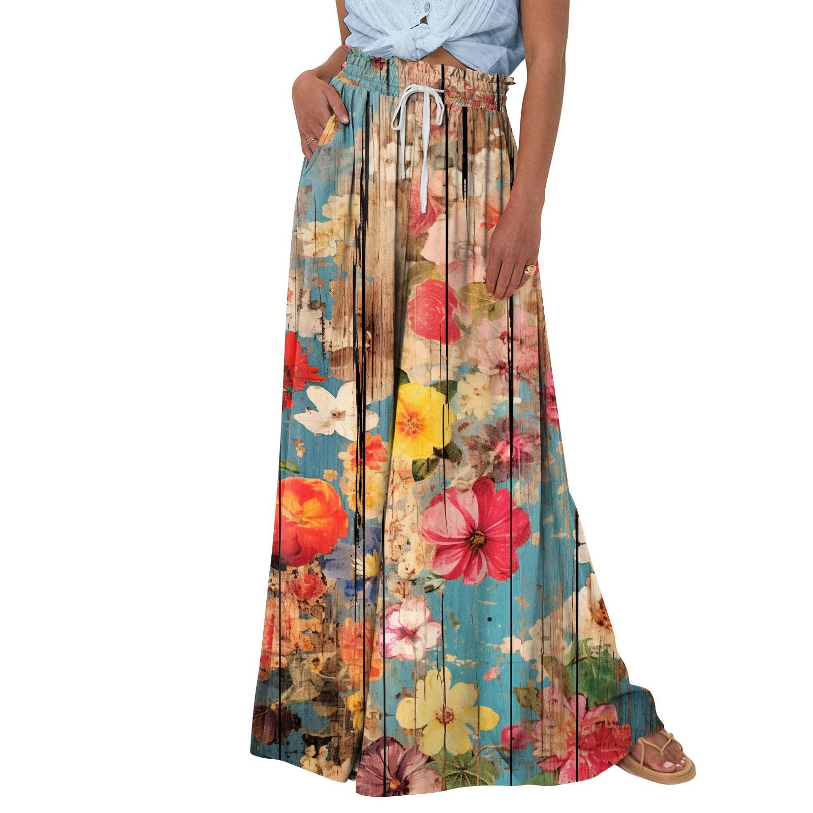 

Женские широкие брюки с высокой талией, летние повседневные струящиеся брюки-палаццо, пляжные брюки с цветочным принтом и карманом XXXL оранжевый