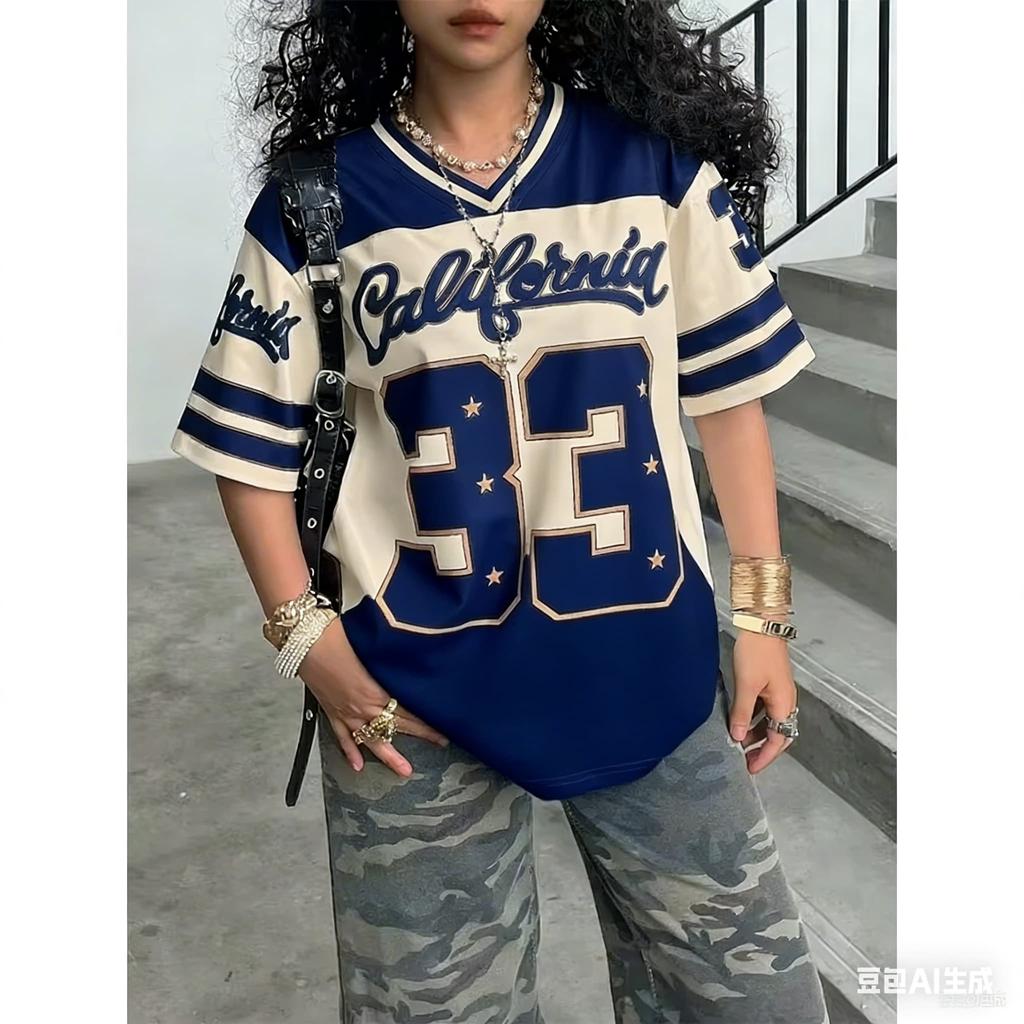 Women's Girls Casual Personality Number & Letter Printing Soccer Pattern Color Block Short Sleeve V-Neck Children T-shirt Tops