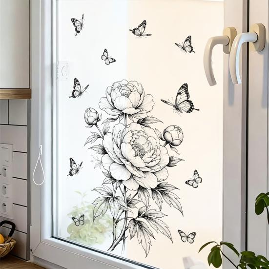 Large Peony Window Cling Sketch Style Flower Butterfly Window Decal Removable Static Glass Door Window Sticker for Bedroom Living Room Kitchen