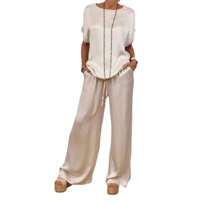 2 Pcs/Set Women Top Pants Set Satin Round Neck Half Sleeves Blouse Wide Leg Elastic Waist Trousers with Pockets Daily Leisure Loose Outfit