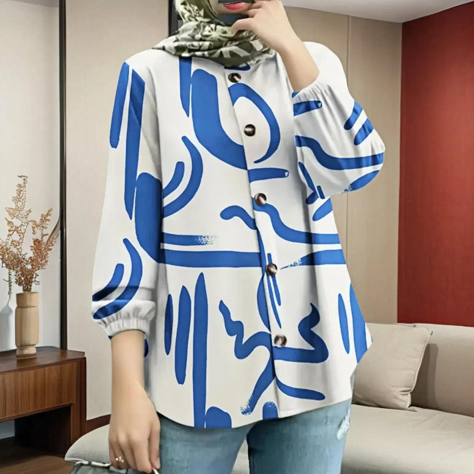 

GMXIA Большие размеры Женская свободная модная рубашка с длинным рукавом и принтом в виде пузыря XXXXL синий