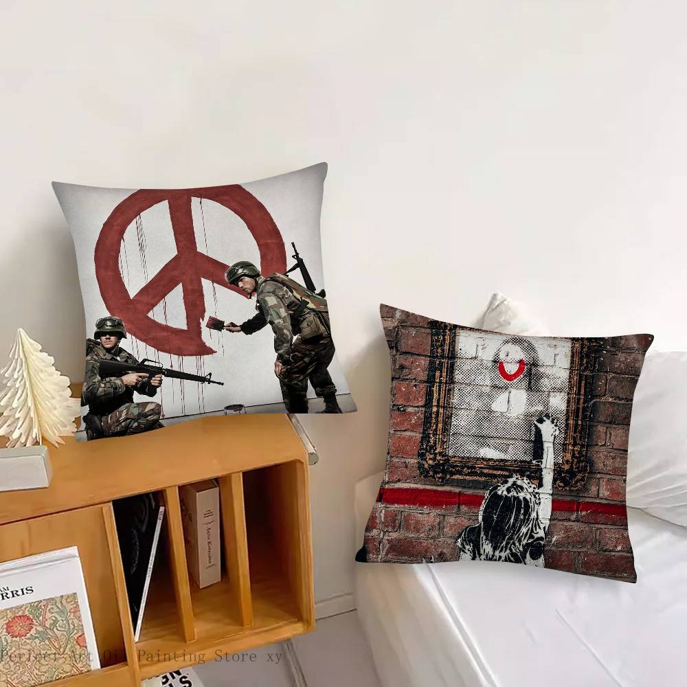 Federa Cuscino Banksy Graffiti Cuscino Quadrato Camera da Letto Divano Cuscino Comfort per il Tempo Libero Auto Soggiorno Decorazione per la Casa