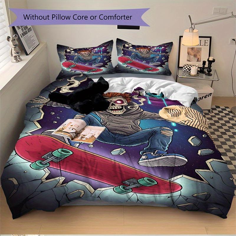 3pcs set Skateboarding Skeleton 1 Quilt Cover + 2 Pillowcases, All Seasons Bedroom Setting, Perfect for Home and Dorm Decor a196