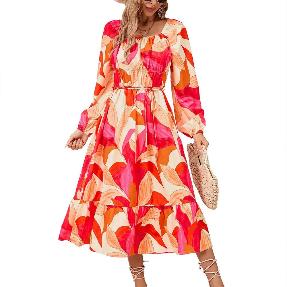 Spring and Autumn Women's Long Sleeve Printed Dress Slim Temperament Mid-Length Dresses