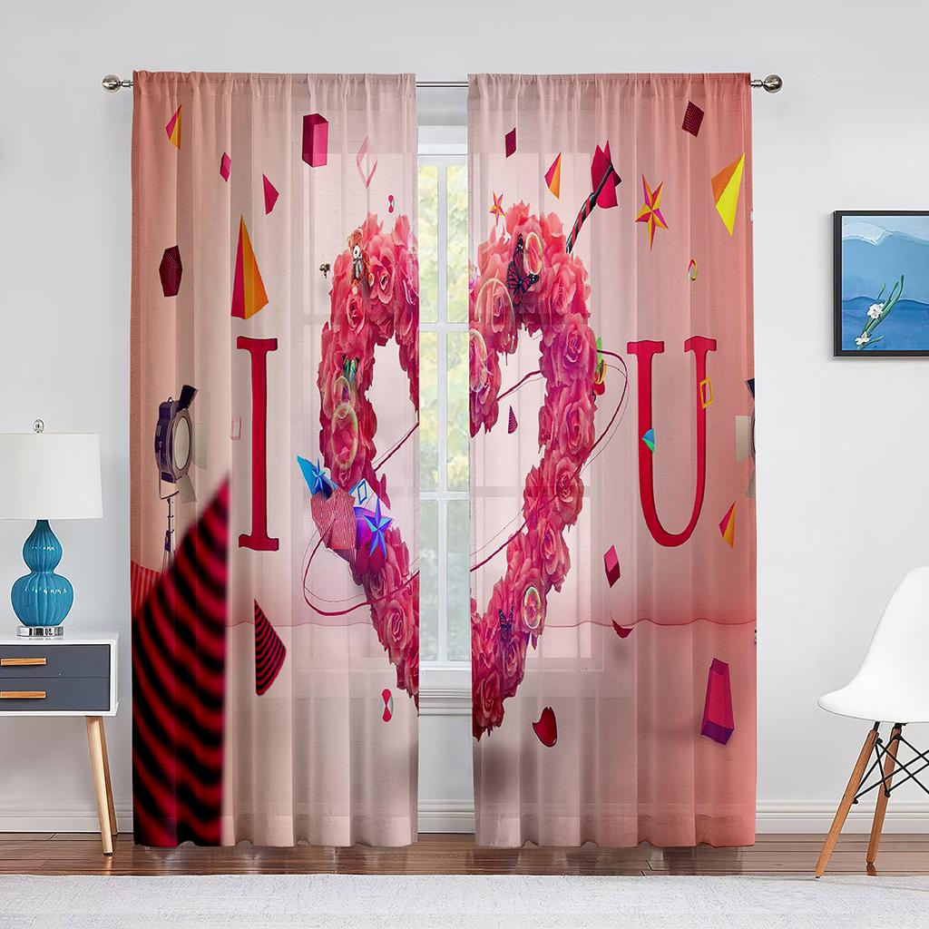 Perdele transparente cu forme de inimioare de dragoste roz fierbinte pentru ziua Îndrăgostiților Camera de zi Dormitor Decorare bucătărie fereastră Perdele din tul din voal