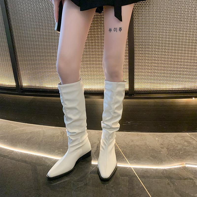 

2025 осень и зима новые толстый каблук низкий каблук но до колена ботфорты женские корейская версия острый носок тонкие рыцарские женские сапоги тренд 35