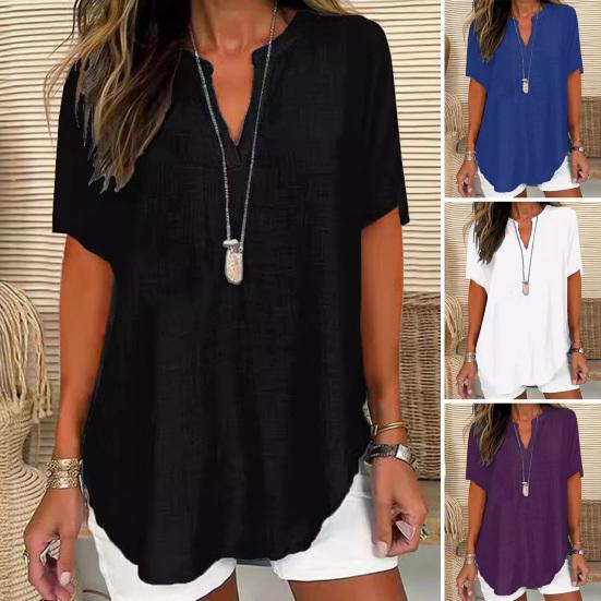 Damen-Shirt mit V-Ausschnitt, kurzärmelig, lockere Passform, lässiges Shirt, einfarbig, elastisch, für den Alltag