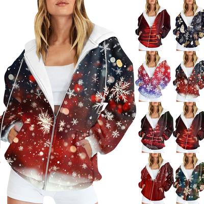 Ladies Fashion Casual Christmas Print Sweatshirt Autumn Winter Long Sleeve Cardigan Jacket With Pocket Zipper Hoodie Jacket