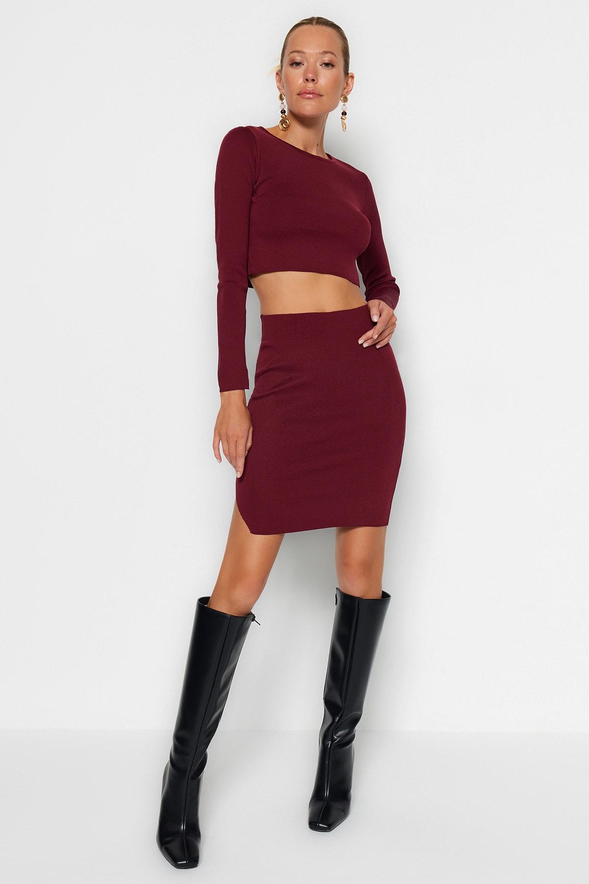 

Женский комплект нижнего белья, модный новый сезон, бордово-красная супер укороченная юбка, трикотаж, комплект нижнего белья